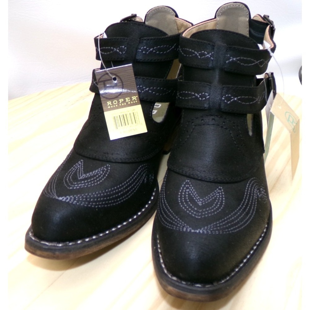 Roper Willa Embroidered Ankle Booties Women Black Sz 6 Western Snip Toe Boot NWT